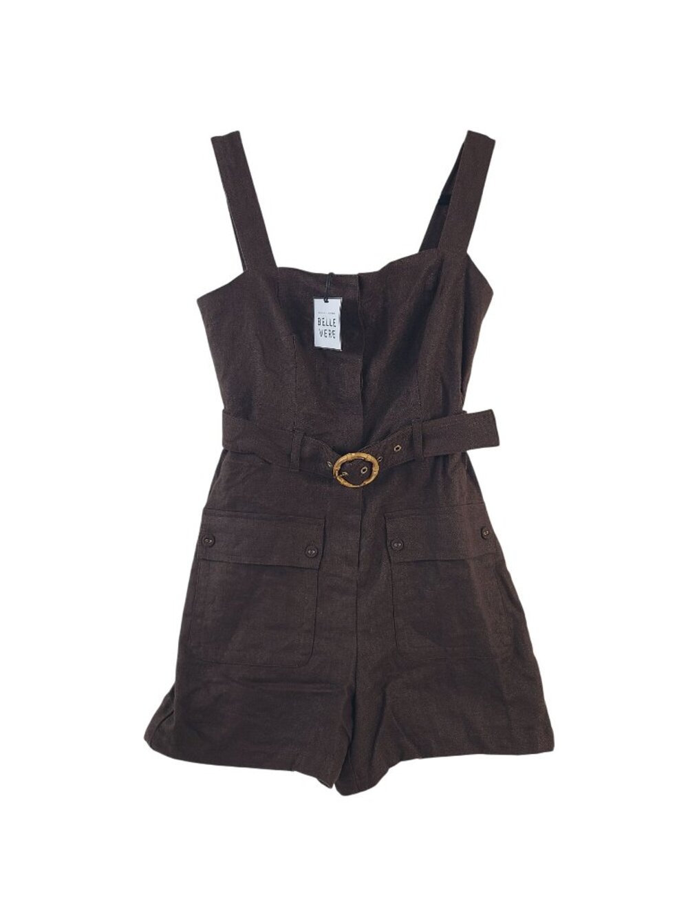 NEW Belle Vere Brown Linen Belted Romper With Pockets & Adjustable Straps Size M